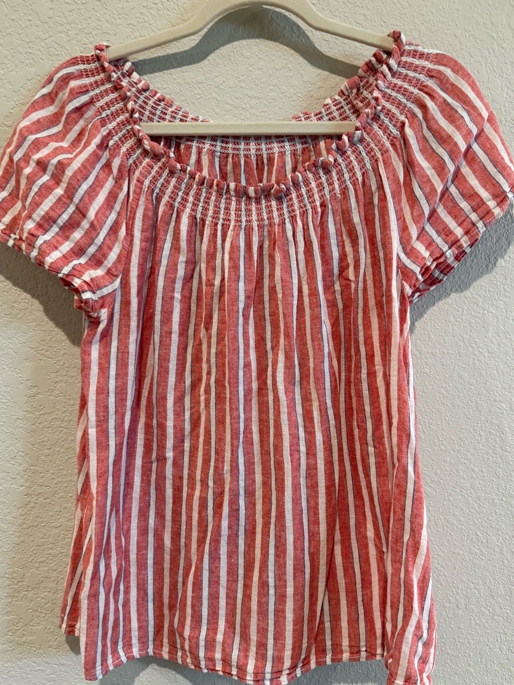 Beach Lunch Lounge Red & White Striped Off-the-Shoulder Smocked Peasant